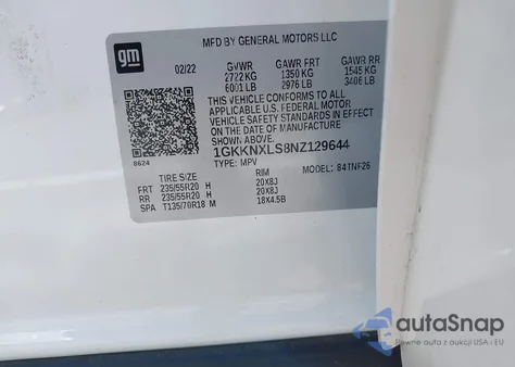 2022 GMC Acadia Awd Denali из США, поврежденный, VIN 1GKKNXLS8NZ129644